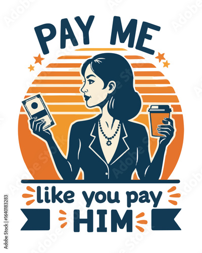 Empowered woman holding money and coffee, vibrant illustration