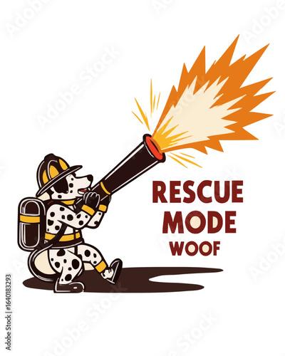 Dalmatian firefighter launching hose in playful action, fun concept