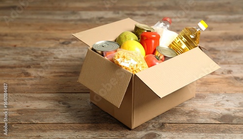 Wallpaper Mural A cardboard box filled with various food items, including canned goods, pasta, oil, fruits, and vegetables, sits on a wooden surface. Torontodigital.ca