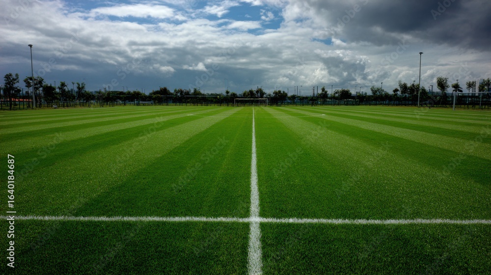 Obraz premium A well-maintained soccer field stretches across the scene, featuring vibrant green grass and clear white lines. Tall trees border the area, enhancing the natural feel.