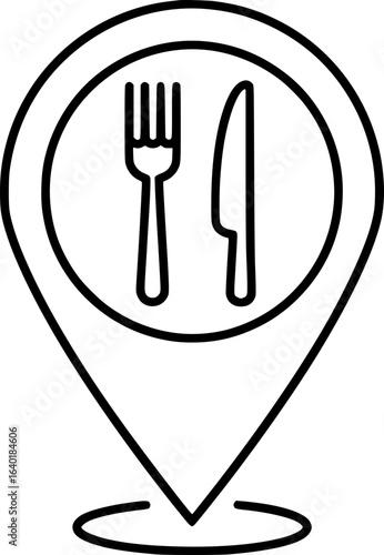 Outline icon of a location pin with a fork and knife in the center symbolizing restaurant location