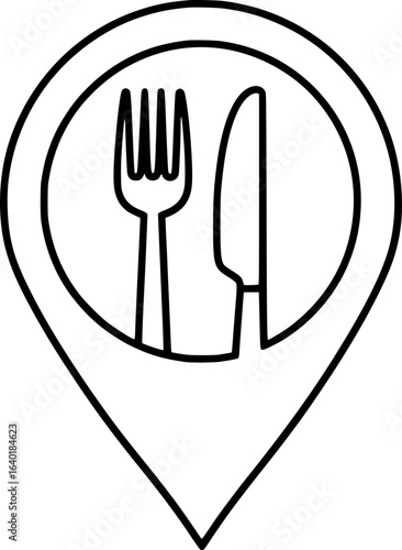 Outline icon of a location pin with a fork and knife in the center symbolizing restaurant location