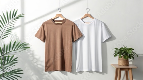 Two tshirts hanging against a white wall with natural light and plants