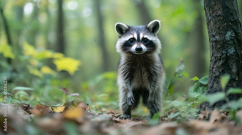 Fototapeta premium Raccoon portrait in forest wildlife photography cute animal woodland creature nature background adorable mammal