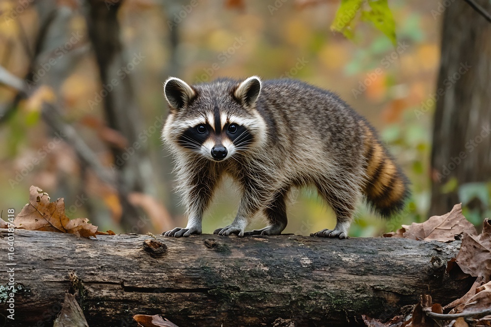 Fototapeta premium Raccoon portrait wildlife animal mammal nature forest cute mask striped tail outdoors woodland wild animal