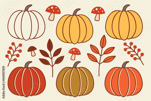A festive autumn pattern featuring a variety of pumpkins and fall foliage, perfect for Halloween, Thanksgiving, and other seasonal celebrations