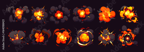 Cartoon bomb explosion blast effect, comic fire and smoke boom clouds game sprite sheet, fx sequence frame. Vector explode burst animation storyboard frame. User interface, GUI explosive weapon bang