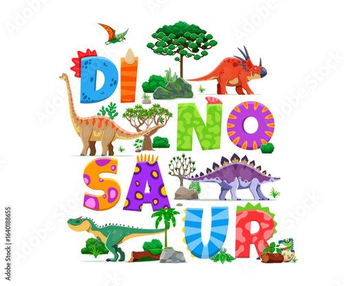Prehistoric dinosaur characters and cartoon Jurassic lizards, vector banner for kids. Funny dinosaur characters, reptiles and pterodactyl for dino park party, encyclopedia atlas or paleontology book