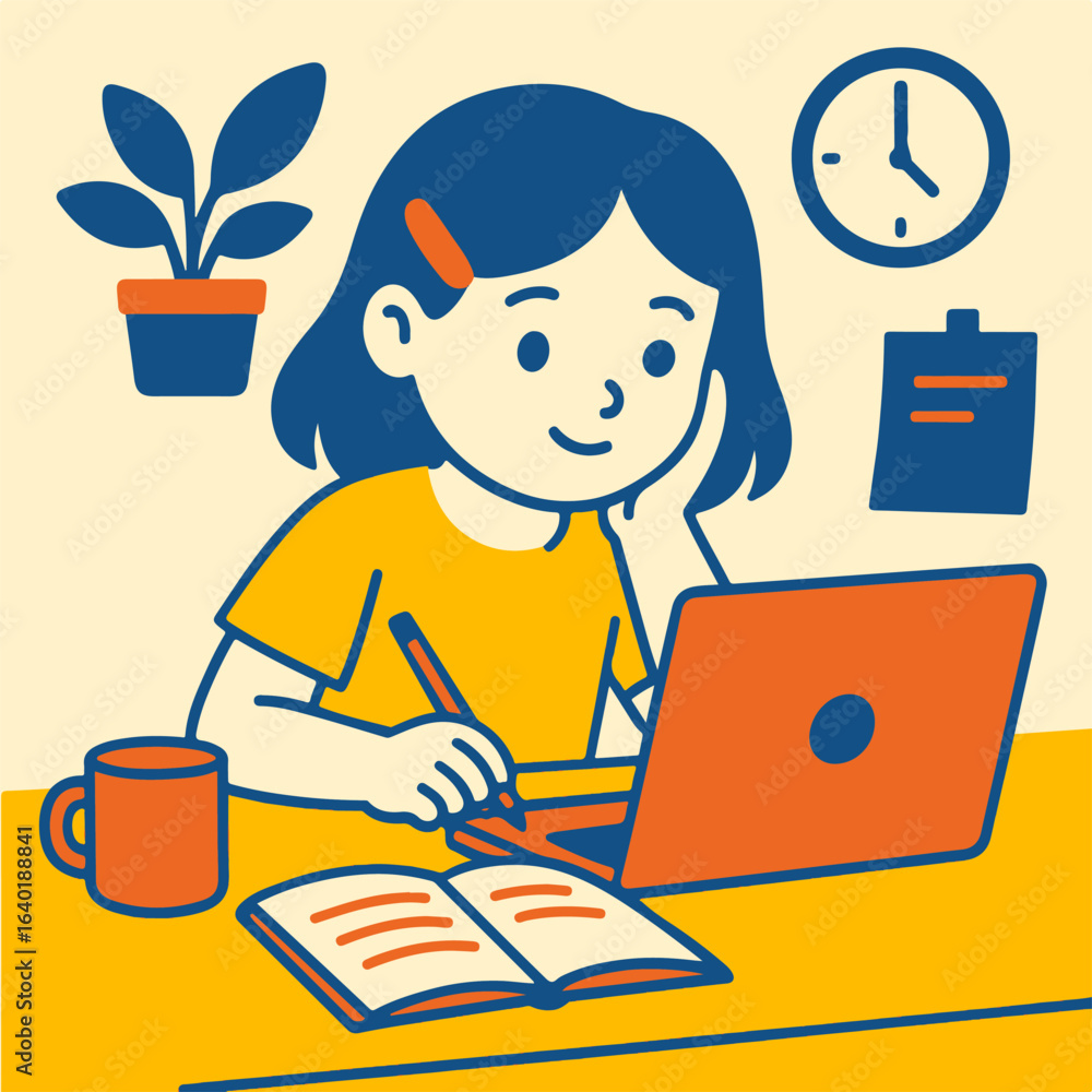 Illustration girl studying on laptop vector minimalism Vector illustration minimalism Illustration girl studying on laptop vector minimalism Vector illustration minimalism