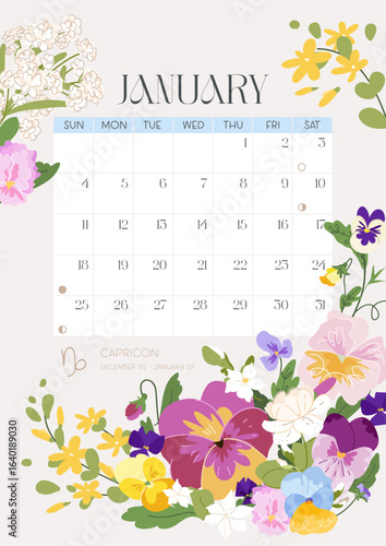 Vertical page calendar for January 2026 with cute winter pansy, jasmine and baby breath flowers and leaves. Week starts on Sunday. Vector zodiac illustration flat cartoon style