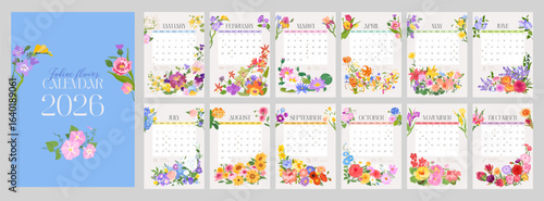 Cute Flower calendar for 2026. Vertical monthly with vector zodiac illustrations of colorful flowers and leaves. Page template A4, set of 12 months with cover. Week starts on Sunday