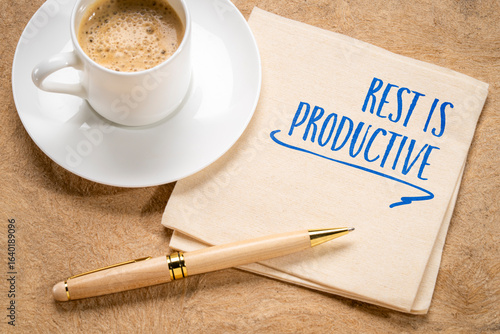 rest is productive, inspirational note on napkin, self care concept