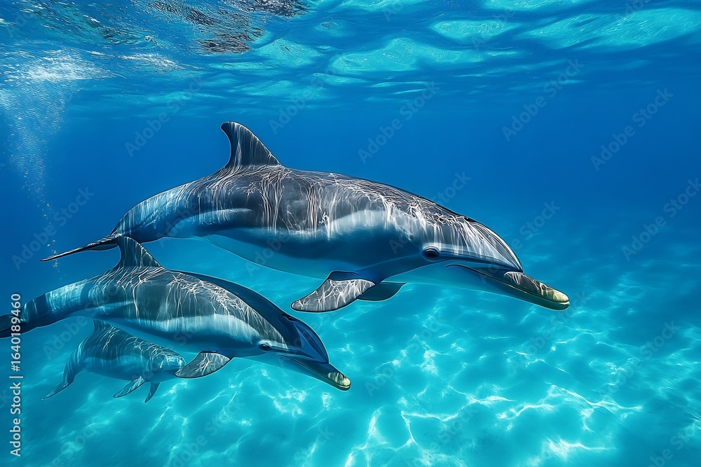 Naklejka premium Dolphins swimming underwater in clear blue ocean water wildlife photography sea life aquatic mammals marine life