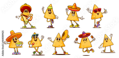 Groovy mexican nachos chips characters at Mexico fiesta party, vector corn tortilla food. Cartoon groovy hippie nacho chips with sombrero hats, guitar, avocado guacamole, maracas and sunglasses