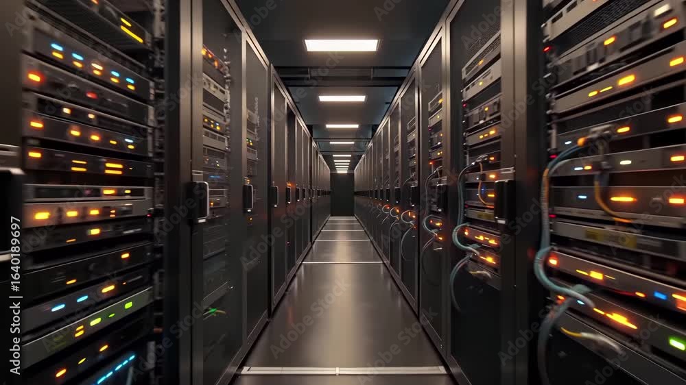 Modern datacenter server room with rack infrastructure, networking equipment, colorful led indicators. Cloud computing facility, database storage, enterprise technology, digital.