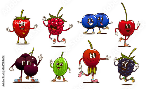 Cartoon groovy berry characters set. Funny vector strawberry, raspberry, cherry, blueberry, currant, gooseberry, rosehip and blackberry Retro fruit personages with happy comic emotions and y2k vibe