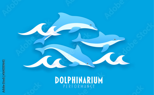 Paper cut banner with dolphins leap through ocean waves promoting a dolphinarium performance, marine shows, family fun or sea life event. 3d vector dolphin sea animals in a bright blue aquatic scene