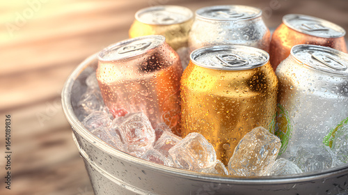 Canned Drinks in Ice Bucket with Condensation