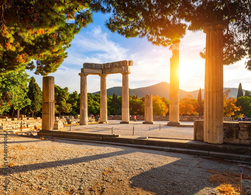 Naklejka premium Ancient ruins bathed in sunset light
