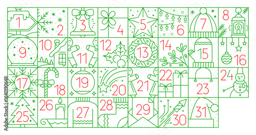 Christmas and New Year advent calendar for winter holiday gifts countdown, vector template. Christmas advent calendar background with New Year gifts, Santa hat and snowflakes with snowman or cookies