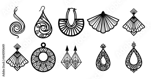 set of vintage earrings monochrome vector illustration