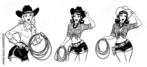 set of beautiful pinup cowgirls vector illustration