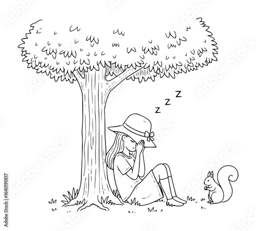 girl napping under tree with squirrel black line illustration