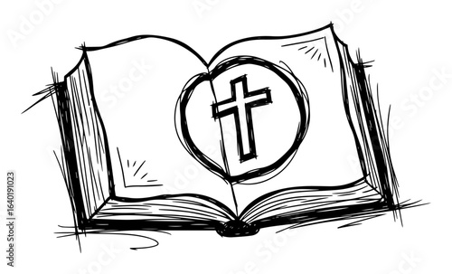 open bible with christian cross sketch line art