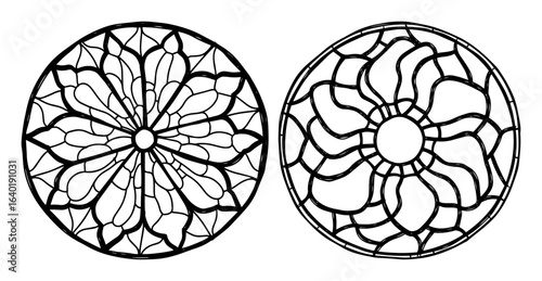 round stained glass rose window mandala set line art