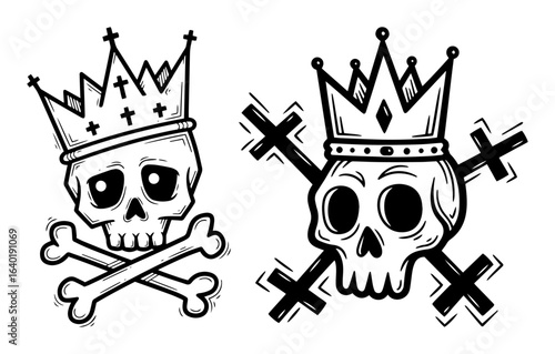 set of graffiti skulls with crowns and crossbones