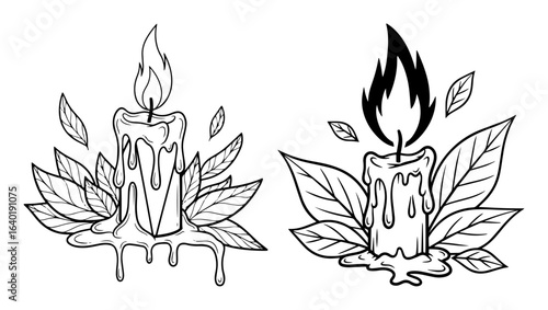 burning candle with leaves tattoo vector illustration