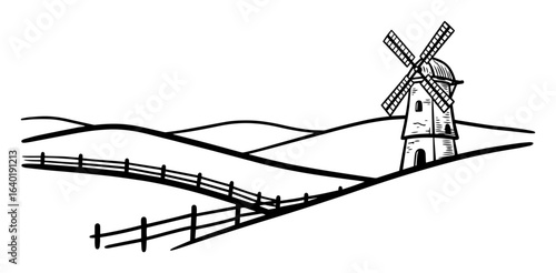 rural landscape with windmill on hill vintage sketch