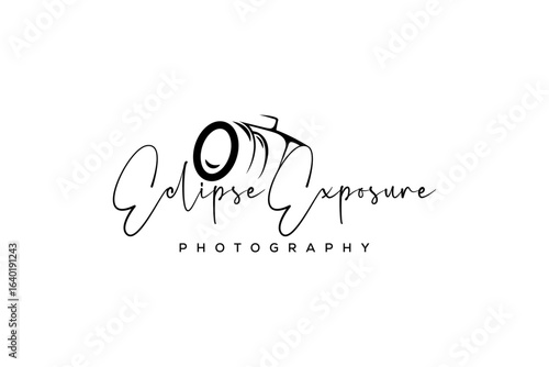 Minimalist photography logo with Eclipse Exposure text, elegant cursive signature branding, professional camera lens icon on white background