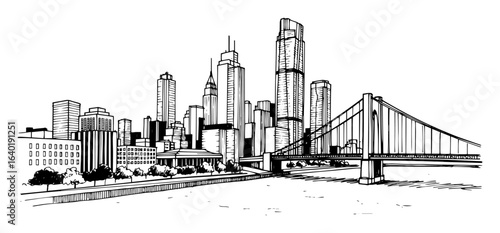 cityscape with bridge and skyscrapers hand drawn sketch