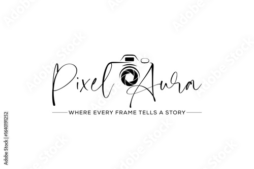 Minimalist photography logo with Pixel Aura text, elegant camera shutter icon in black line art, professional studio branding for photographers