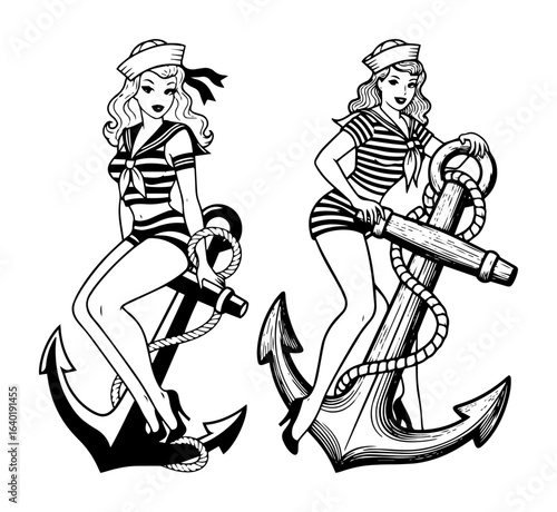 sailor pin up girls with anchor vintage tattoo illustration