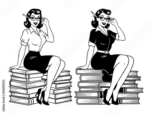 sexy pinup woman sitting on books stack vintage vector
