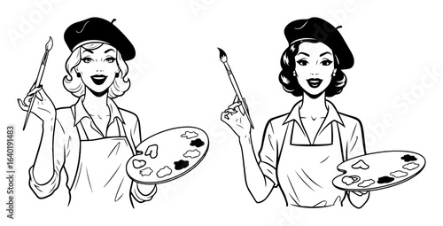 retro woman artist with palette and brush in beret