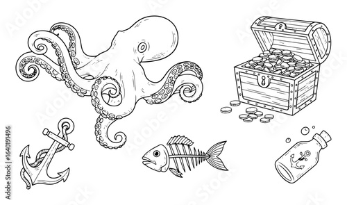 set of pirate and sea adventure icons line art