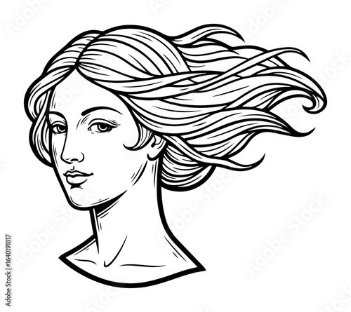 beautiful woman with long flowing hair line art vector