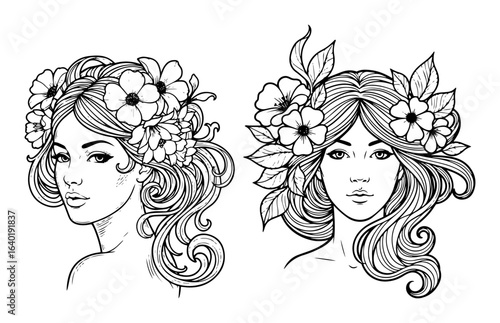 woman with flowers in her hair vector beauty portrait