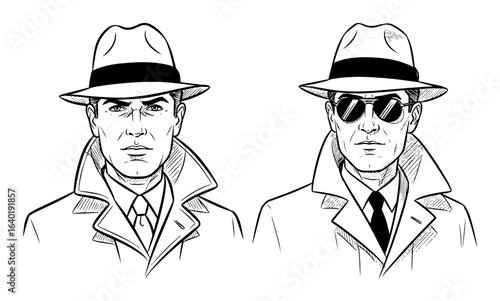 noir detective in fedora and trench coat vector character