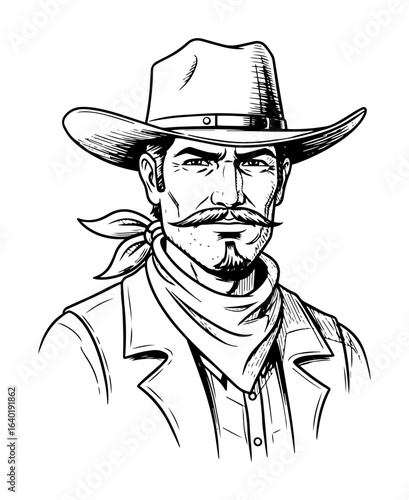 cowboy man portrait in hat western vector character sketch
