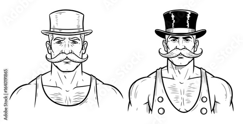 vintage circus strongman with mustache and top hat portrait vector black illustration shape for laser cutting and engraving