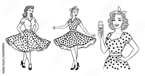 dancing pin up girl in polka dot dress with ice cream retro vector black illustration shape for laser cutting and engraving