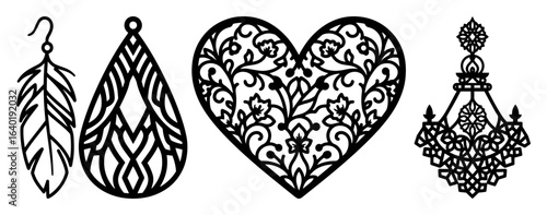 earring templates set for laser cutting jewelry design vector black illustration shape for laser cutting and engraving
