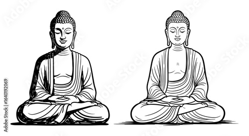 seated buddha statue pair meditation line art