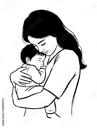 mother hugging baby tender moment line drawing