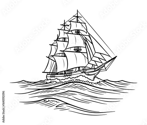 classic sailing ship on waves line drawing