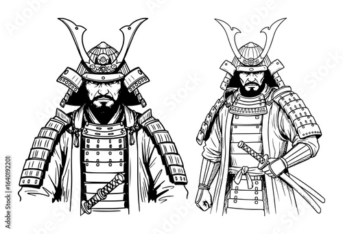 samurai warriors pair traditional armor line art